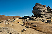 Man hiking at the rock formation of the Sphinx, Bucegi Mountains, Transylvania, Romania