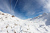 Mountain hut in snow-covered mountain scenery, Kurzras, Schnalstal, South Tyrol, Alto Adige, Italy