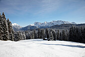 View to snwo-coverd Karwendel range, Elmau, Bavaria, Germany