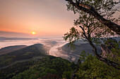 View over a valley with Elbe river in morning mist, Saxon Switzerland, Saxony, Germany