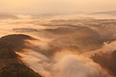 View over Valley with Elbe river in morning mist, Bad Schandau, Saxon Switzerland, Saxony, Germany