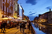 Restaurants and bars along a canal, Navigli quarter, Milan, Lombardy, Italy
