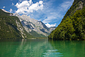 View over Koenigssee to Watzmann east wall, Berchtesgaden region, Berchtesgaden National Park, Upper Bavaria, Germany