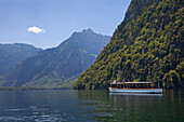 Excursion boat on lake Koenigssee, Berchtesgaden region, Berchtesgaden National Park, Upper Bavaria, Germany