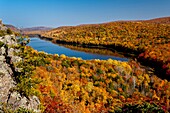 The Porcupine Mountains State Park and the Lake of the Clouds with fall foliage color from the Lake of the Clouds overlook near Ontonagon, Michigan, USA