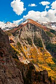 View of switchbacks on Black Bear Pass seen from Imogene Pass, above Telluride, San Juan Mountains, southwest Colorado USA