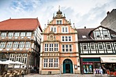 The picturesque Leisthaus and Stiftsherrenhaus in Hamelin on the German Fairy Tale Route, Lower Saxony, Germany, Europe