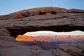 Mesa Arch and landscape of Canyonlands National Park, Island in the Sky district, Moab, Utah, United States of America, USA