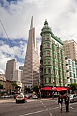 Transamerica Pyramid, historic Sentinel Building with Cafe Zoetrope and Columbus Avenue in San Francisco, California, United States of America, USA