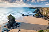 A view towards Bedruthan Steps in north Cornish coast between Padstow and Newquay, Cornwall, England, United Kingdom, Europe