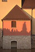 Schatten von Menschen auf Alter Mainbrücke spiegeln sich an Häuserfassade, Hochwasser, Würzburg, Franken, Deutschland