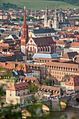 View from Fortress towards the old Main stone bridge, St. Mary Chapel and cathedral, Wuerzburg, Franconia, Bavaria, Germany