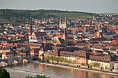 View from Fortress towards the old Main stone bridge, St. Mary Chapel and cathedral, Wuerzburg, Franconia, Bavaria, Germany