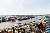 View to Hamburg harbour with Blohm and Voss and the Landungsbruecken, Hamburg, Germany