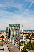 View to the Hamburger Television tower and the Tanzende Turme office towers at St. Pauli, Hamburg, Germany