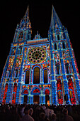 New Scenography On The Royal Door Of The Cathedral Staged By 'Spectaculaires, Allumeurs D'Images', Chartres In Lights, Eure-Et-Loir (28), France