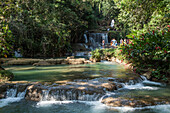 Tourists In The Cascades Of Ys Falls, Region Of The Black River, Jamaica, The Caribbean