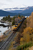 Alaska Railroad Hauls Coal Past Rocky Cove At Bird Point Along Turnagain Arm, Southcentral Alaska, Autumn