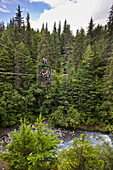 Mountain Bikers Riding The Hand Tram Over Winner Creek Near Girdwood, Southcentral Alaska, Summer