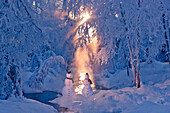 Snowman couple standing next to a stream with sunrays shining through fog and hoar frosted trees in the background, Russian Jack Springs Park, Anchorage, Southcentral Alaska, Winter. Digitally enhanced.