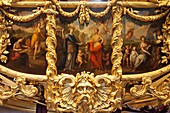 UK, England, Surrey, London, Buckingham Palace, Great Britannia Coach in Royal Mews, close-up. Detail of the Side Panel Paintings depicting England as a Great Nation by Giovanni Battista Cipriani