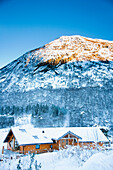 Winter alpine scenery, mountains, snow, pine forest, log cabin in snow, Ortnevik, Sognefjord, Norway