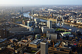 Aerial view of central London towards London Eye and Houses of Parliament, England, UK