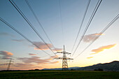 Electricity pylons in fields, Hartberg, Styria, Austria