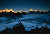 Panorama from Everest to Taweche with alpenglow, Khumbu, Nepal