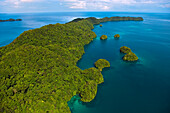 Rock islands covered with rainforest, the limestone islands have been eroded into mushroom-like formations, Palau