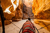 Horse-drawn carriage passing the Siq, Petra, Jordan, Middle East