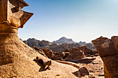 Woman on the roof of Ad Deir, Petra, Jordan, Middle East