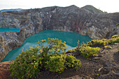 View down to the coloured lakes of the vulcano Kelimutu, Flores, Nusa Tenggara, Lesser Sunda Islands, Indonesia, Asia