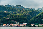 View over lake Orta to Pella, Piedmont, Italy