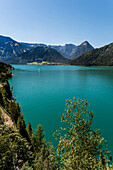 View over Lake Achensee to Pertisau and Karwendel cabel car, Achenkirch, Tyrol, Austria