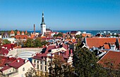 Tallinn Estonia Old Town above scenic aerial beautiful colorful tile roofs steeple birdseye historical downtown