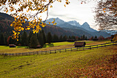 Blick über Almwiesen mit Heustadeln auf Alpspitze, Zugspitze und Waxenstein, bei Garmisch-Partenkirchen, Wettersteingebirge, Werdenfelser Land, Bayern, Deutschland