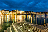 View over the river Rhine to a hotel in the evening, Basel, Canton of Basel-Stadt, Switzerland