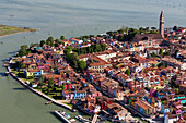 Aerial view of the Venetian Lagoon with salt marshes, Island of Burano, Fishing village with colourful house facades, Veneto, Italy