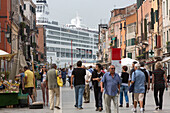 Cruise ship very close at the end of via Garibaldi, Castello, Venice, Veneto, Italy