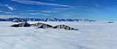 Panorama from Guffert with view across a sea of fog with Stubai range, Unnuetz in foreground, Karwendel range and Wetterstein range with Zugspitze, Guffert, Rofan range, Tyrol, Austria