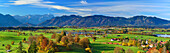 Panorama with Lake Riegsee and Wetterstein range with Zugspitze, lake Riegsee, Blaues Land, Bavarian foothills, Upper Bavaria, Bavaria, Germany