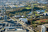 Aerial view of the Olympiapark and BMW Museum, Munich, Bavaria, Germany