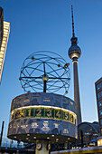 Alexanderplatz in the evening light, TV Tower and World Time clock, Berlin, Germany