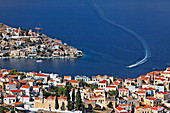 View over Chora and Angelidi, Symi Town, Symi, Dodecanese, South Aegean, Greece