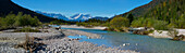 Isar river between Wallgau and Vorderriss, Zugspitze, Alpspitze and Wetterstein mountains in the background, Wallgau, Upper bavaria, Bavaria, Germany