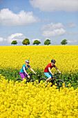 Two cyclists with electric bicycles between blooming canola fields, Tanna, Thuringia, Germany