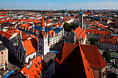 View from the observation deck of St Peter's church to the old city hall and Heilig-Geist church, Munich, Upper Bavaria, Bavaria, Germany