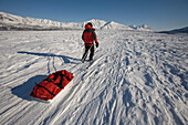 A woman hiking through a snowy, mountainous landscape pulling a sled Alaska, USA