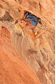 A rock climber ascends a red rock face in Nevada Las Vegas, Nevada, USA